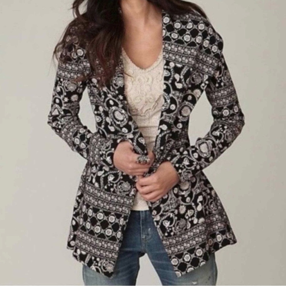 Free People Black and Cream Patterned Blazer